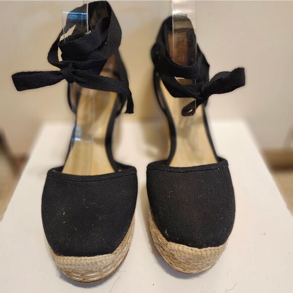 Michael Kors Black Canvas Wedge Heel Tie-up Mk Logo Espadrilles Sz.6 Ret.$184 - Picture 2 of 11